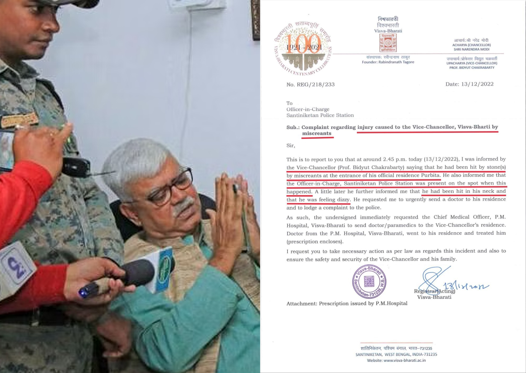 Visva Bharati University Vice Chancellor Bidyut Chakraborty injured in attack in police presence